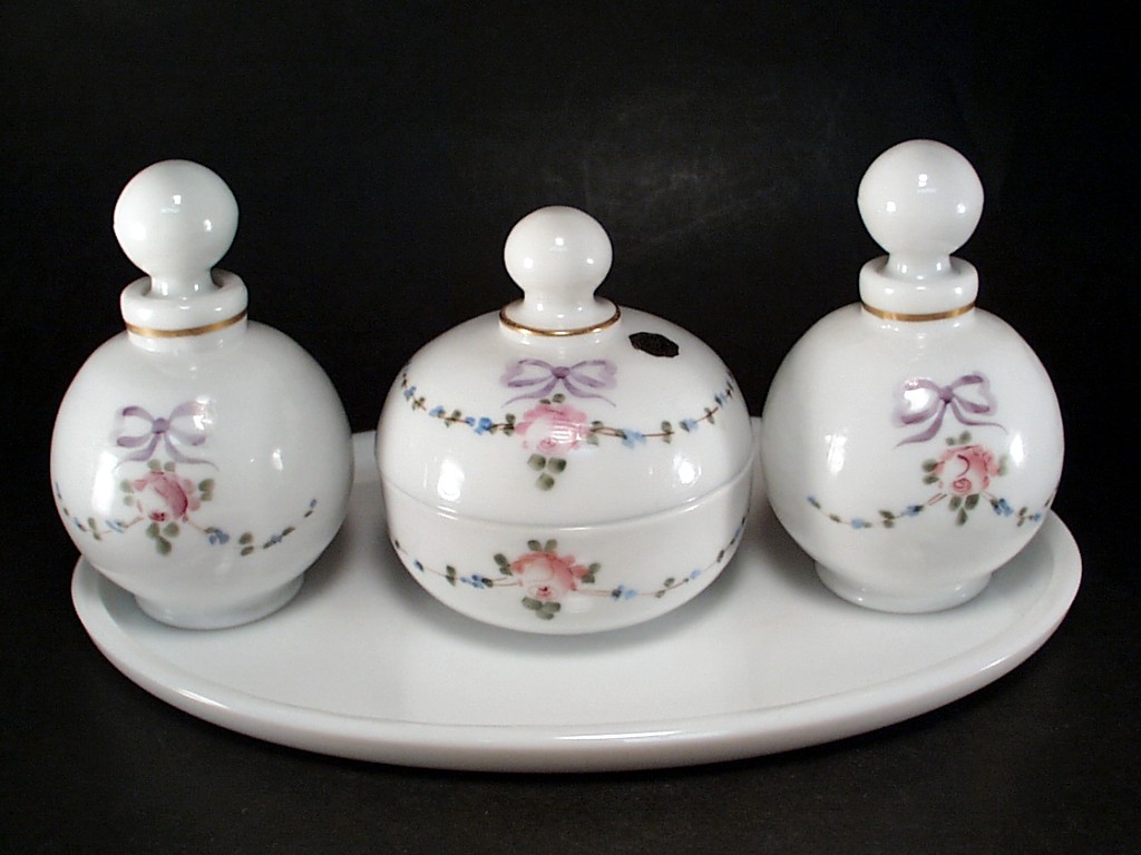 Westmoreland Glass Company 1902 Line Dresser Set — Decorated Milk Glass